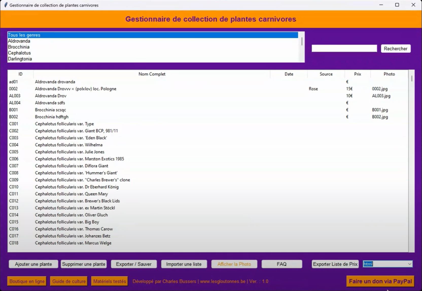 Gestionnaire de collection de plantes carnivores pour Windows - interface utilisateur
