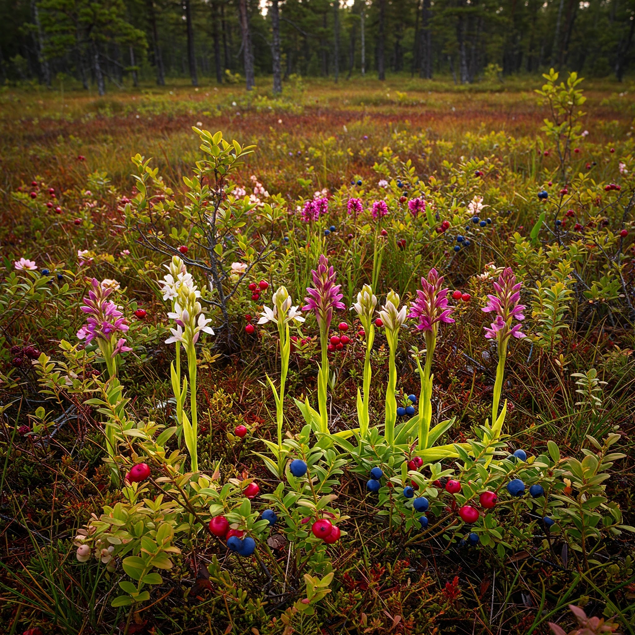 Tourbière naturelle avec différentes espèces